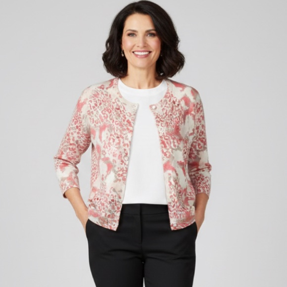 Alfani Silk Blend Pink and‎ Cream Leopard Print Cardigan Sweater